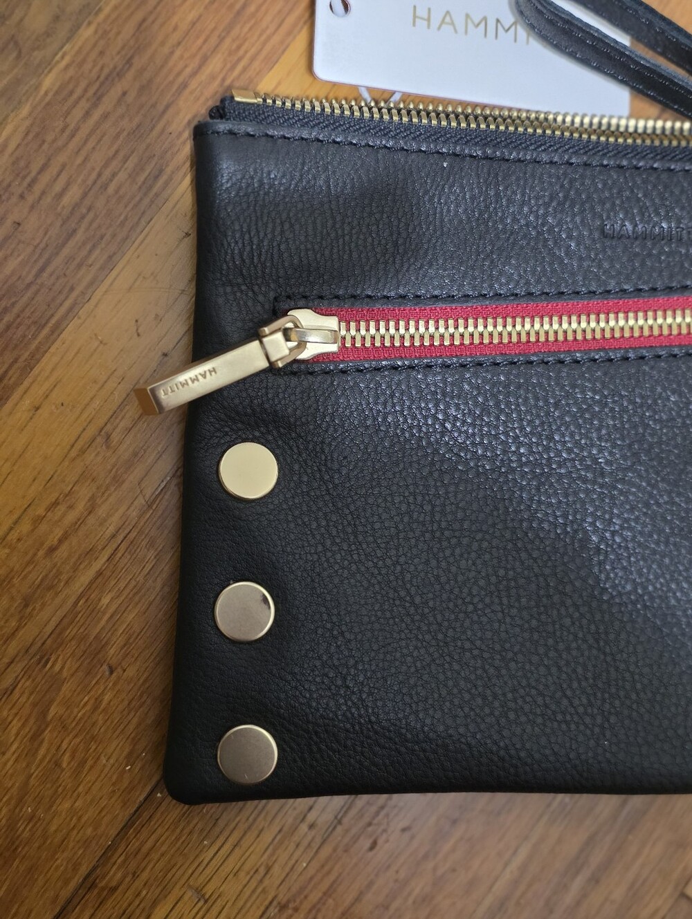 Hammitt Black Leather Wristlet with Gold Studs and Red Zip Trim - Picture 7 of 7